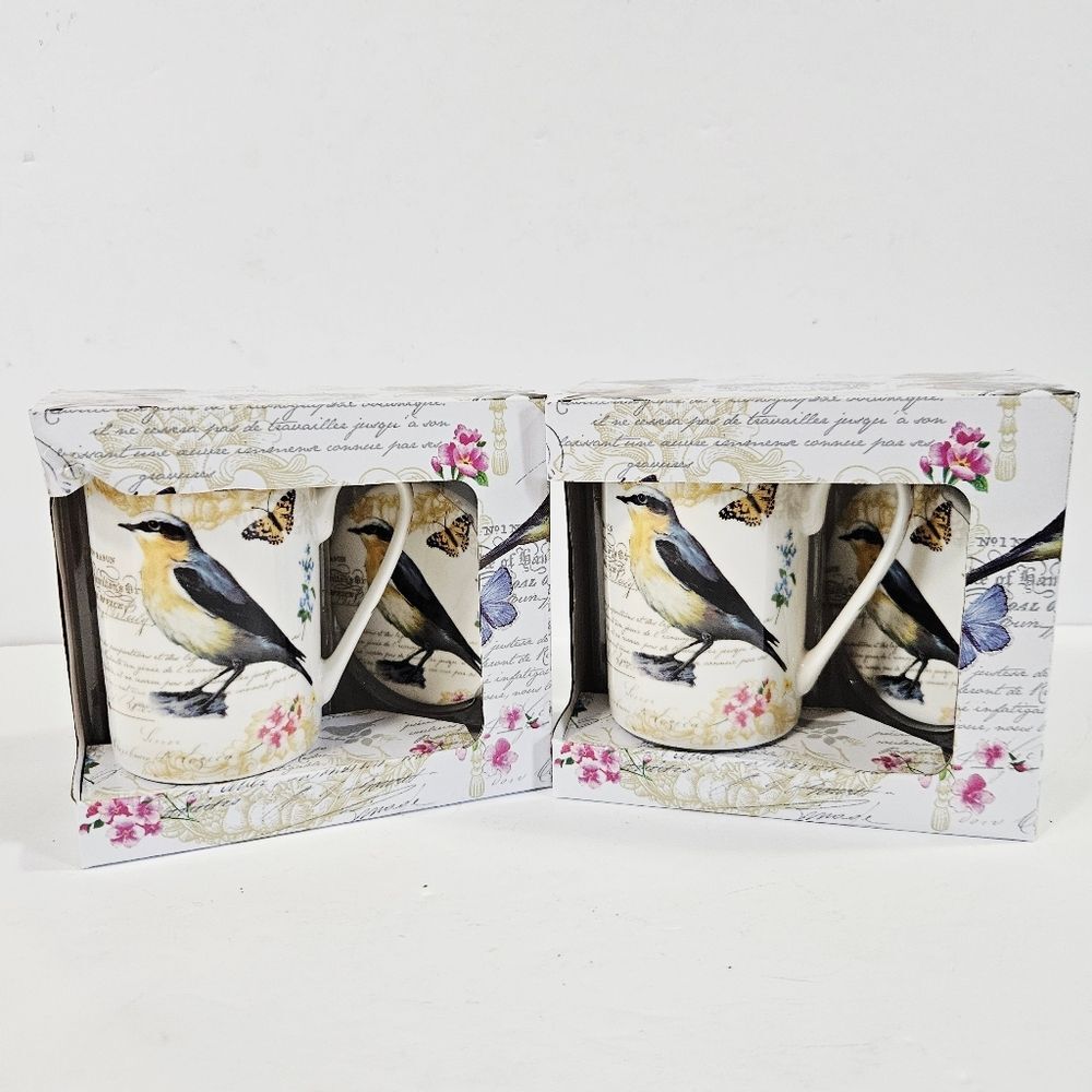 NIB Kent Pottery Godinger Birds Butterflies Illustrations Porcelain Mug Cup Set